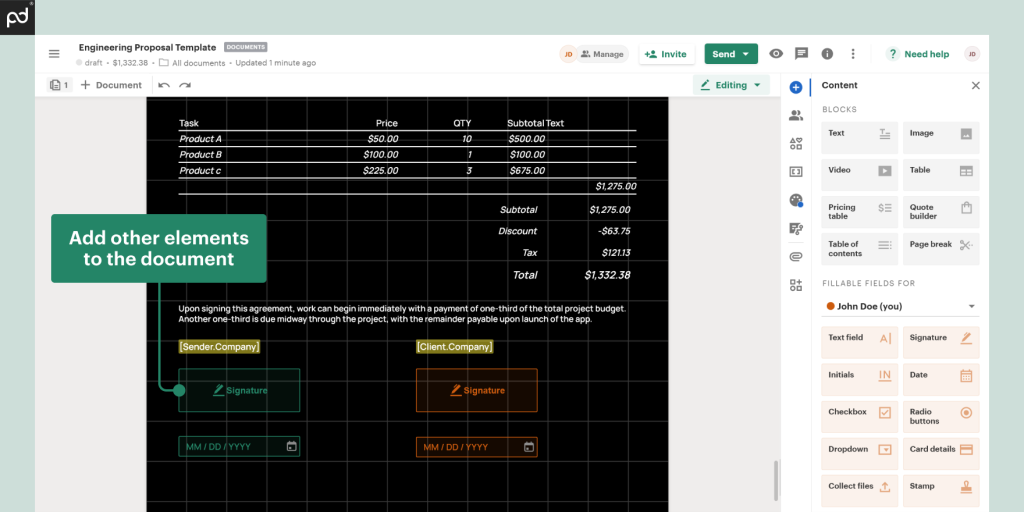 Add other elements to the document (logo, checkbox, signature fields, etc.).