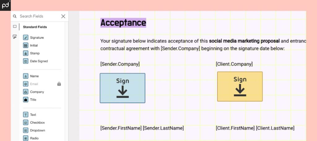 An image depicting the DocuSign e-signing environment, with two signature blocks placed for signing.