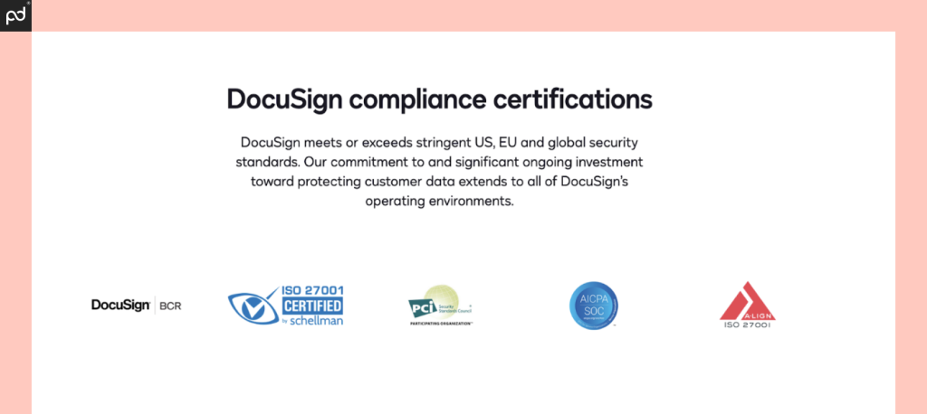 An image of DocuSign’s security certificates and compliance badges.