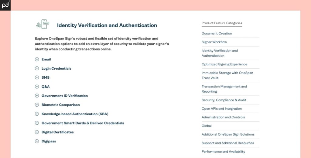 An image depicting the various identity verification and authentication options offered by OneSpan Sign.