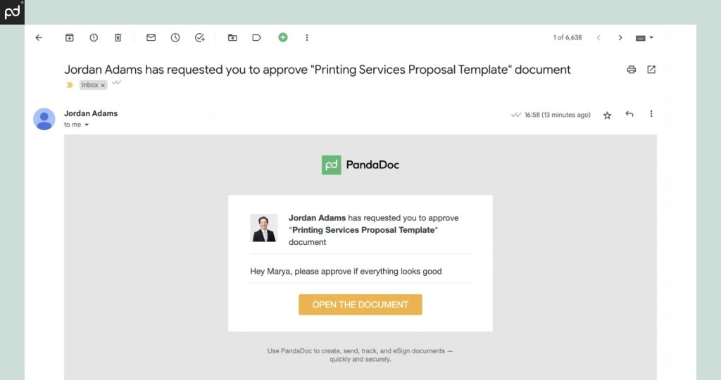 Screenshot showing the PandaDoc template notification