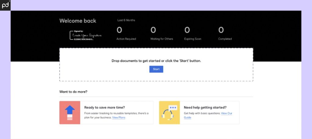 A screenshot of the DocuSign user homepage featuring a get-started area and a user dashboard.