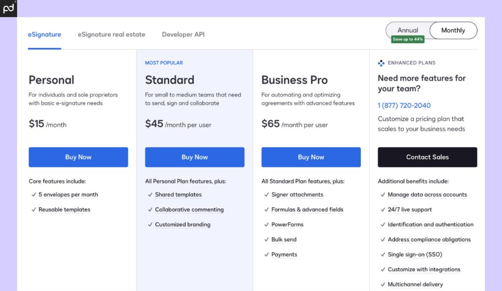 An image depicting all DocuSign pricing plans, their costs, and key plan features at each tier.