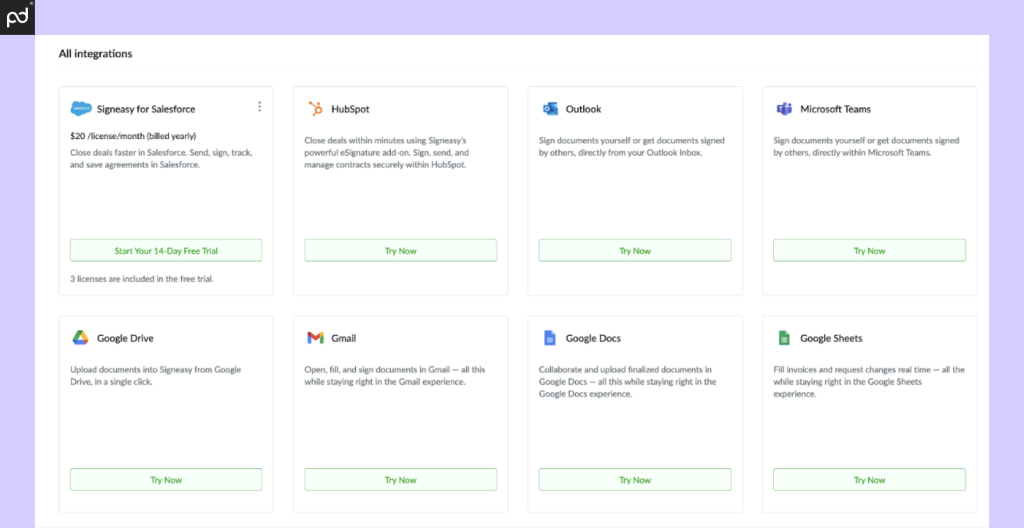 An image depicting all Signeasy native integrations, including connectors for Salesforce, HubSpot, Outlook, and the Google Workspace family of apps.