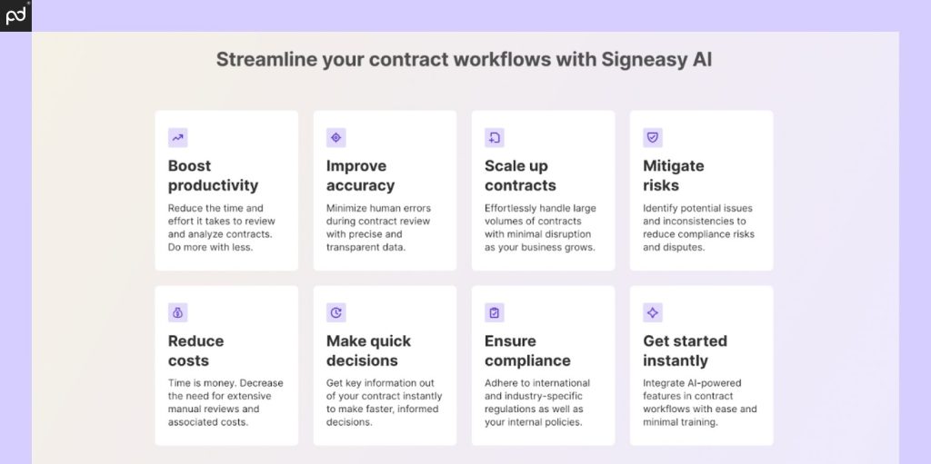 A screenshot explaining the features of Signeasy AI, including the ability to ensure compliance, reduce costs, and mitigate risks to the contracting process.