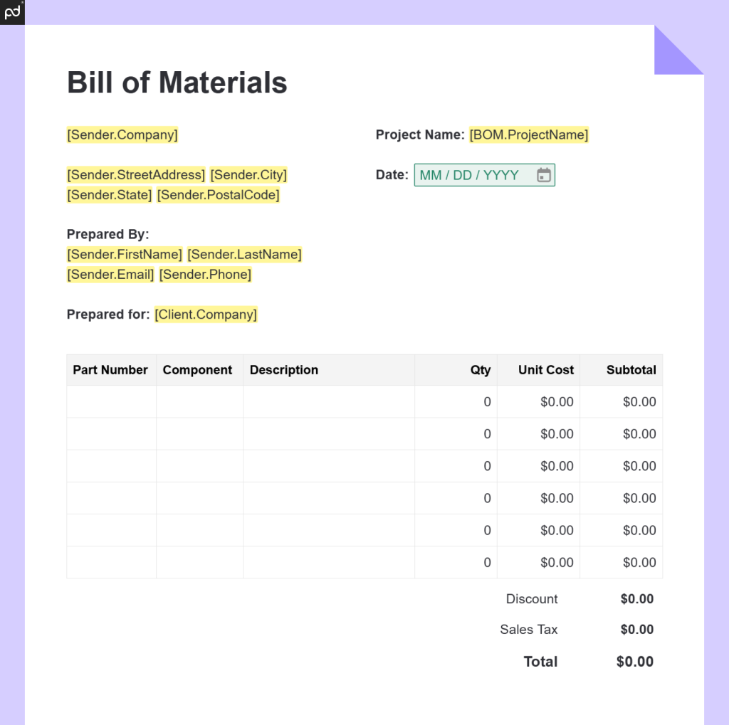 Bill of materials template