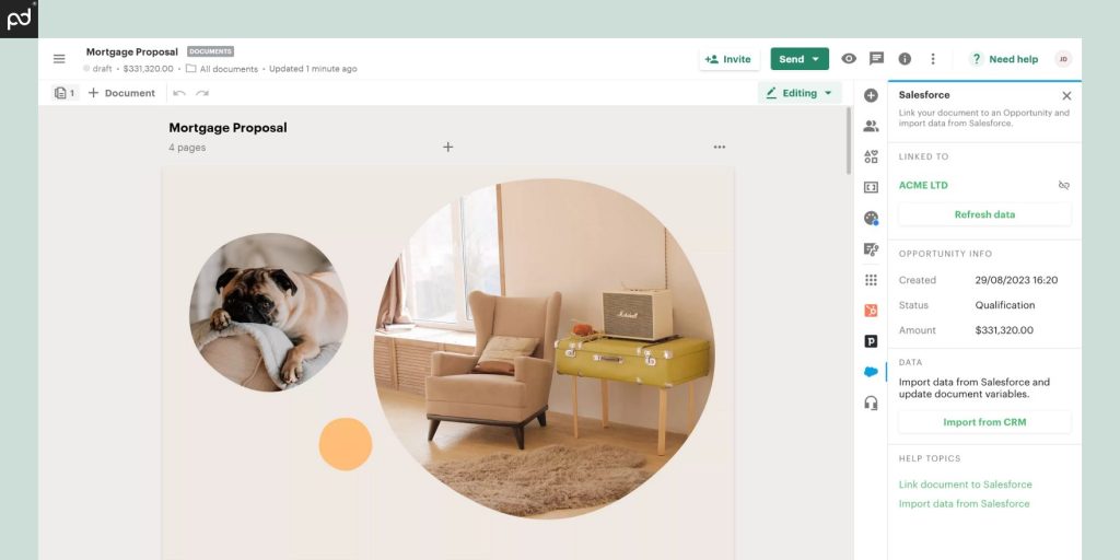 Screenshot of a PandaDoc mortgage proposal template linked to a Salesforce opportunity, showing document details and opportunity information.