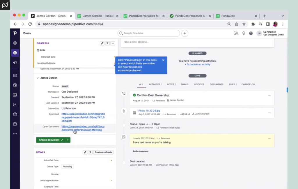 Screenshot of Pipedrive CRM integrated with PandaDoc showing document creation and deal details.