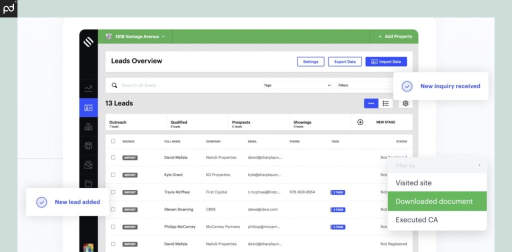 Screenshot of SharpLaunch CRM showing leads overview and tracking new inquiries.