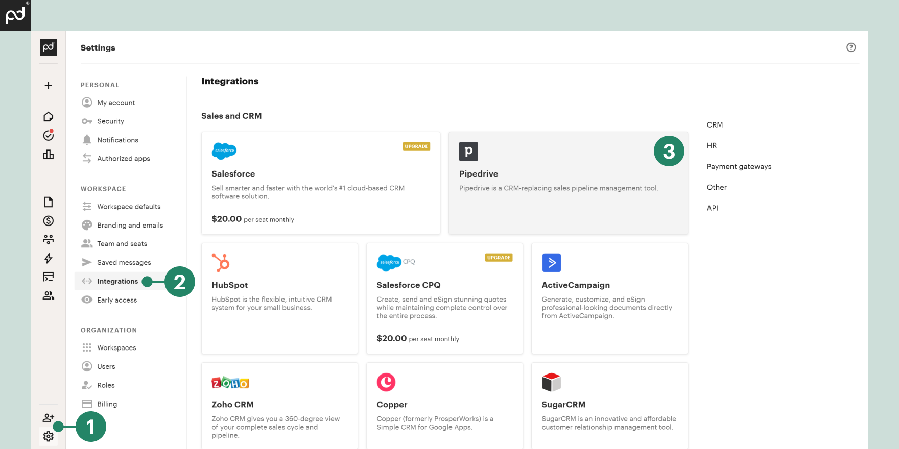 Screenshot of PandaDoc settings showing available integrations for sales and CRM, highlighting steps to connect with Pipedrive CRM.