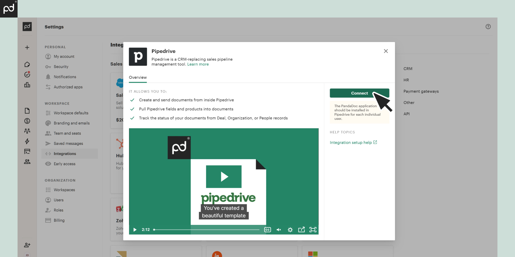 PandaDoc’s popup window showing the overview and integration details for connecting Pipedrive CRM, including a Connect button and a video guide.