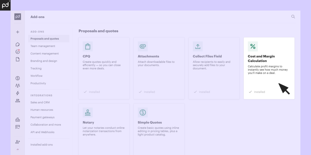 Screenshot of PandaDoc Add-ons store highlighting the Cost and Margin Calculation add-on under the Proposals and Quotes section.