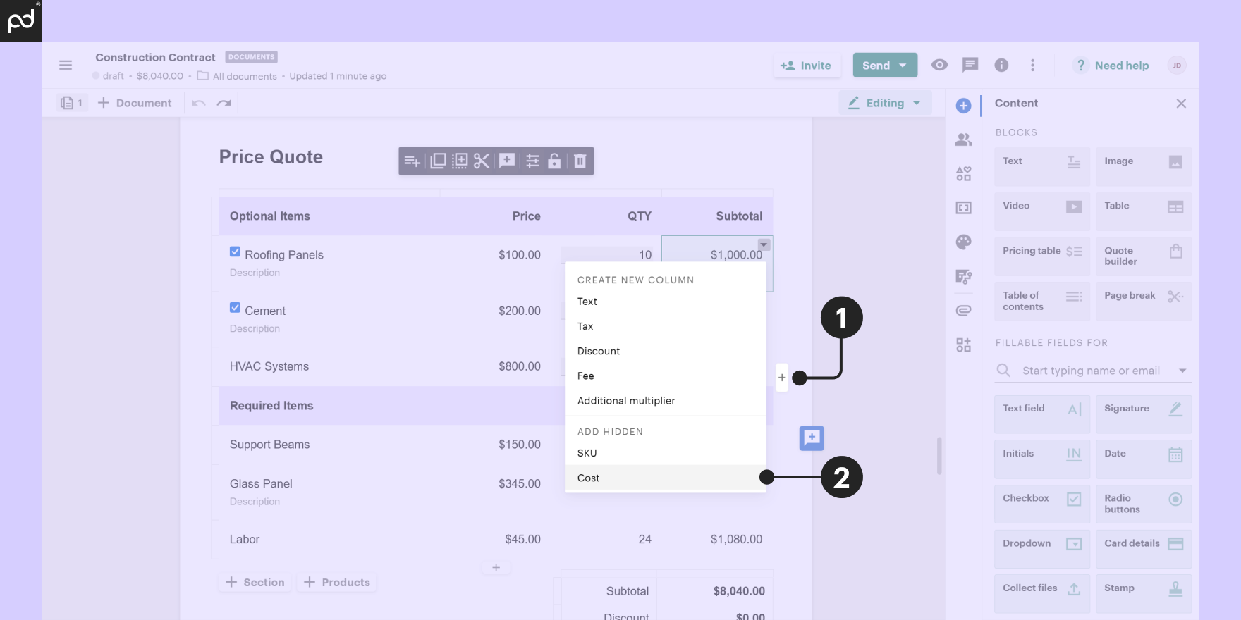 Screenshot showing the process of adding "Cost" as a hidden variable in a pricing table on a PandaDoc document.