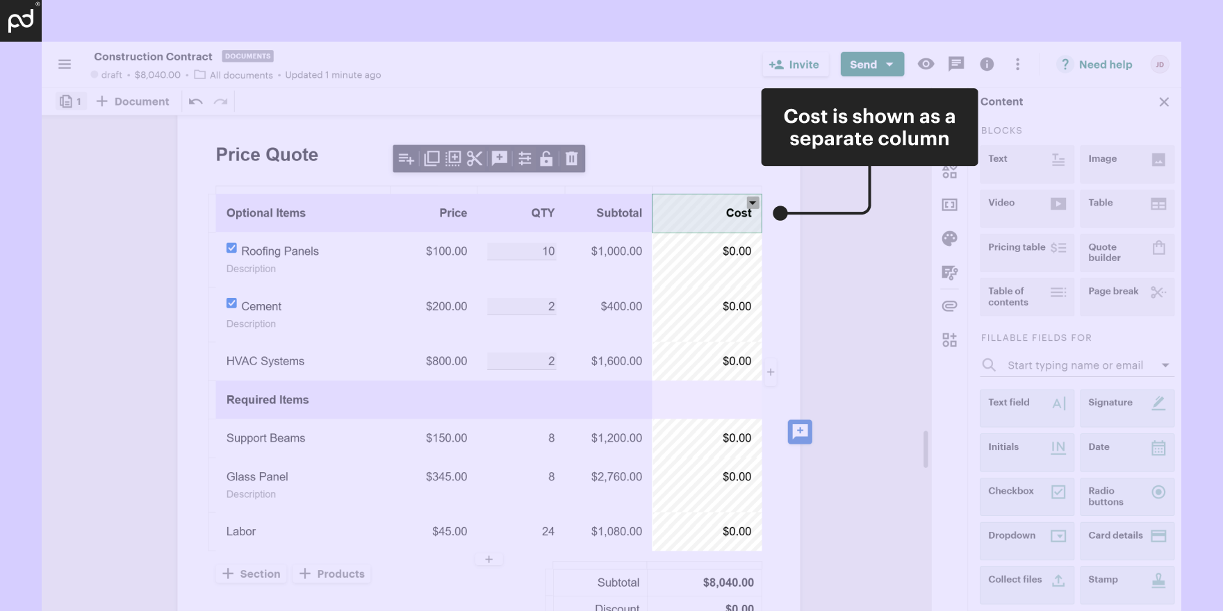 Screenshot of a PandaDoc document showing “Cost” as a separate column in the pricing table.