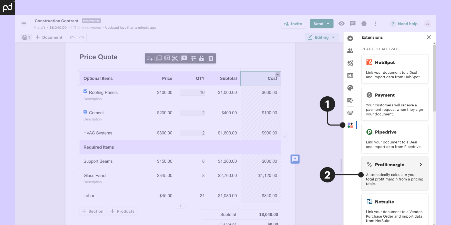 Screenshot showing the process of adding the Profit Margin calculation to a pricing table in a PandaDoc document.