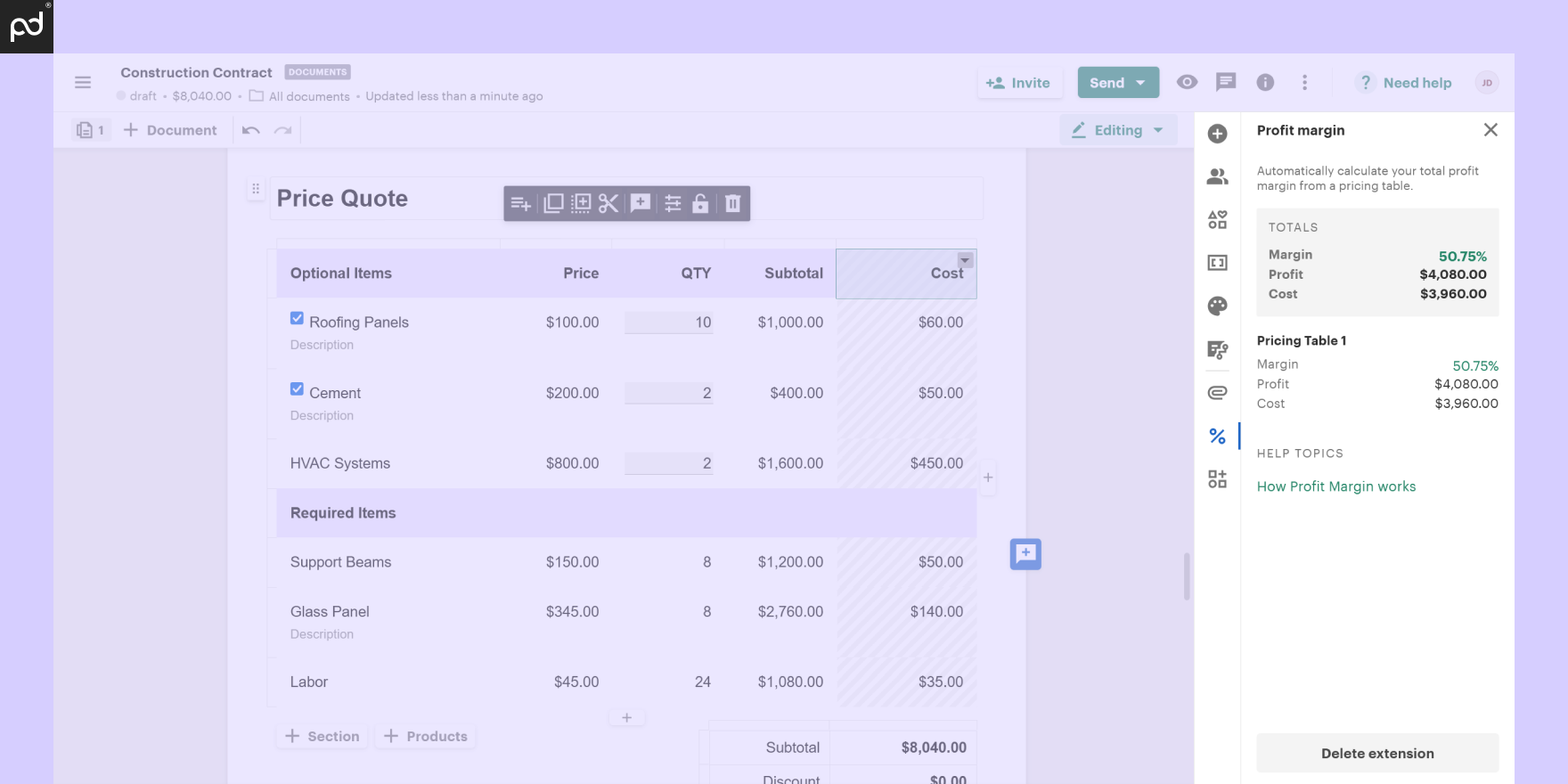 Screenshot displaying the breakdown of cost, profit, and margin calculations in a PandaDoc document's pricing table.