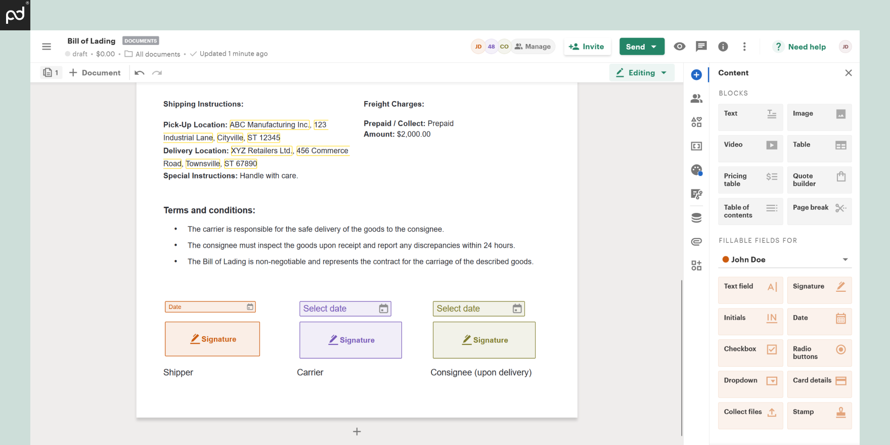 Bill of Lading template screenshot