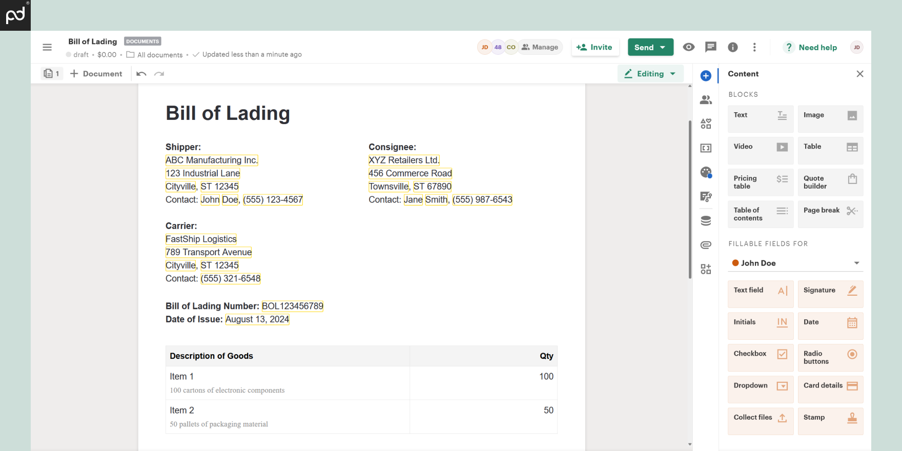 Bill of Lading template screenshot