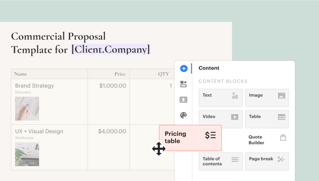 pandadoc pricing table functionalities