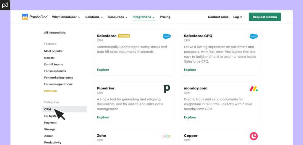 A screenshot of the PandaDoc CRM integrations page, showing some of the integrations with other companies’ tools that are available