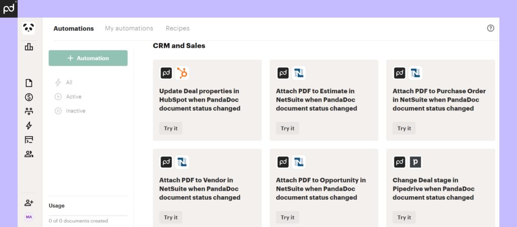 A screenshot of the PandaDoc app displaying available automation options via integration with other software tools