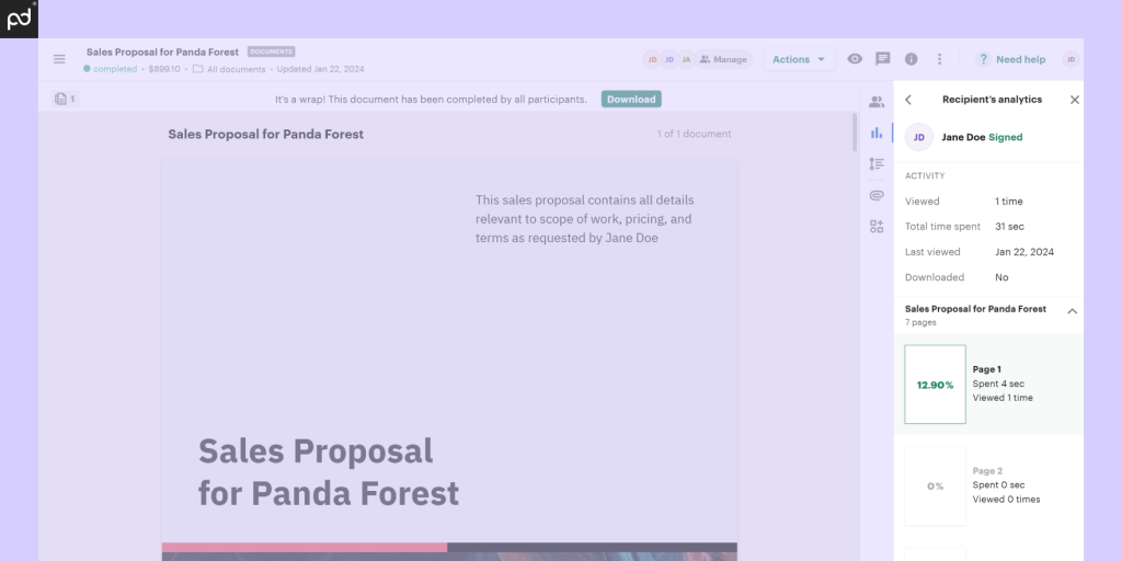Screenshot of the PandaDoc interface showing analytics for a digital marketing proposal, including views and time spent viewing.