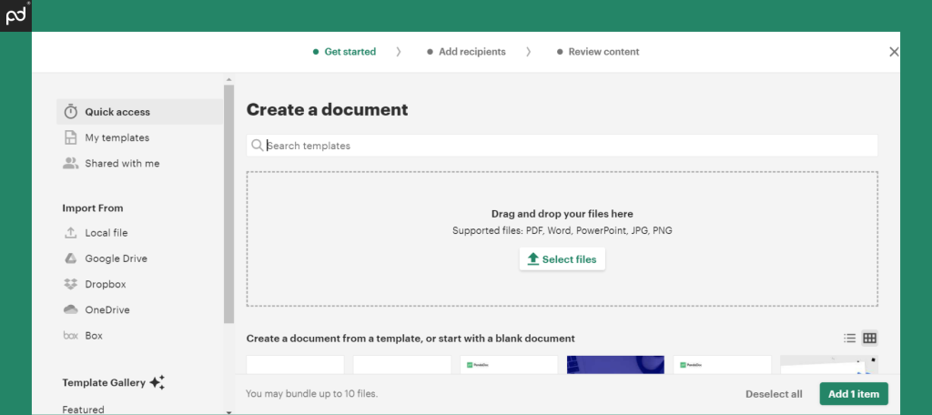 A screenshot of the first step of creating a document in PandaDoc