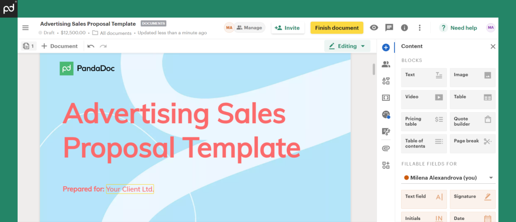 A screenshot of the drag-and-drop document editor of PandaDoc 