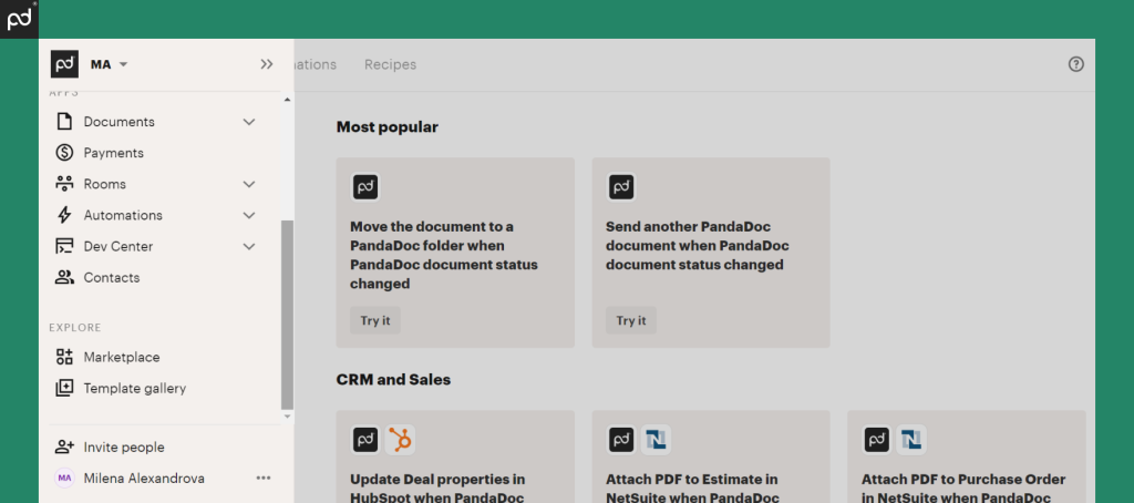 A screenshot of some of the available automations in PandaDoc