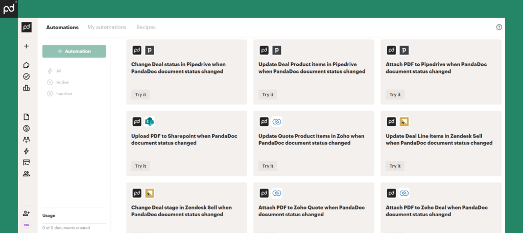 A screenshot of the PandaDoc app’s Automations page, showing tasks that can be automated via integration with other tools 