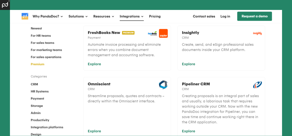 A screenshot of the PandaDoc Integrations page, displaying categories such as CRM, HR Systems, Payment, and Storage