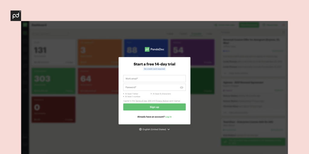 Sign-up page for a PandaDoc account