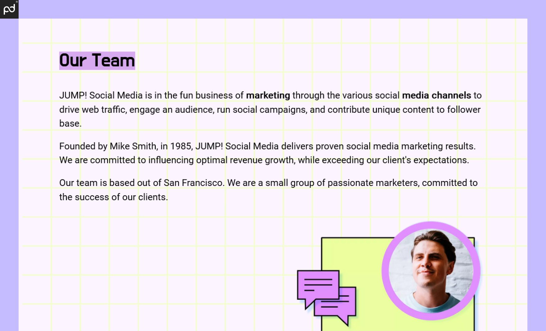 An image showing the “Our Team” section of a proposal, including brief background information and a headshot of the company founder.