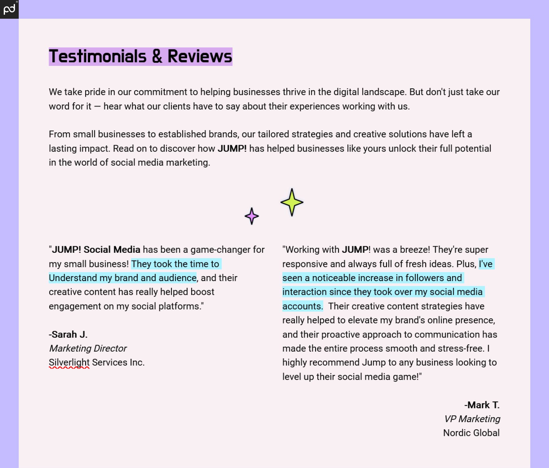 An image of a testimonials page, which features reviews with highlighted text around customer KPIs and deliverables.
