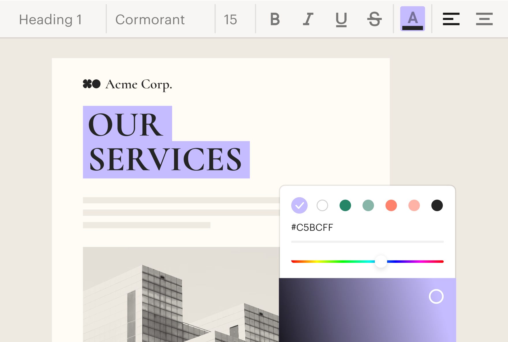 An image demonstrating the PandaDoc document design platform. The words “Our Services” are highlighted in purple beside a color picker window, demonstrating the ability to change the highlighter color.