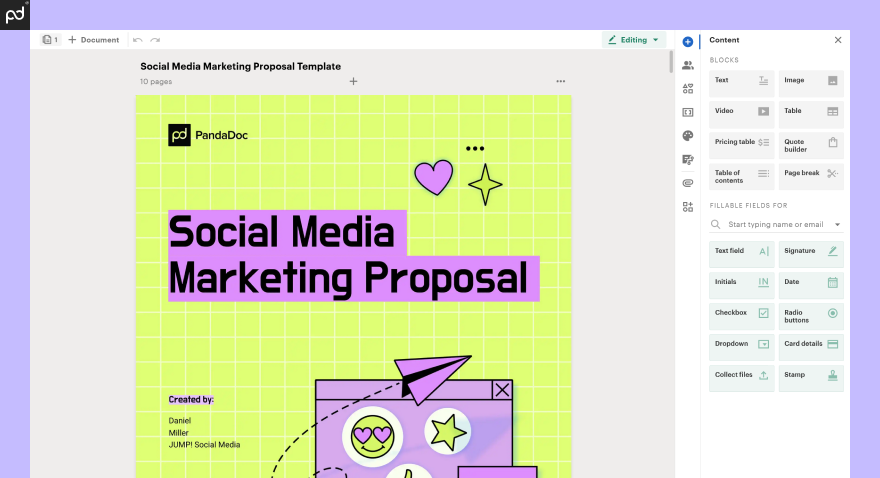 An image of a social media template from PandaDoc. The cover page features a bold title, along with hearts, stars, and a paper airplane flying across the page.