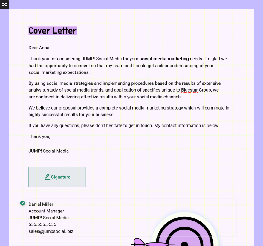 An image of a proposal cover letter, including an e-signature signoff from a dedicated account manager.