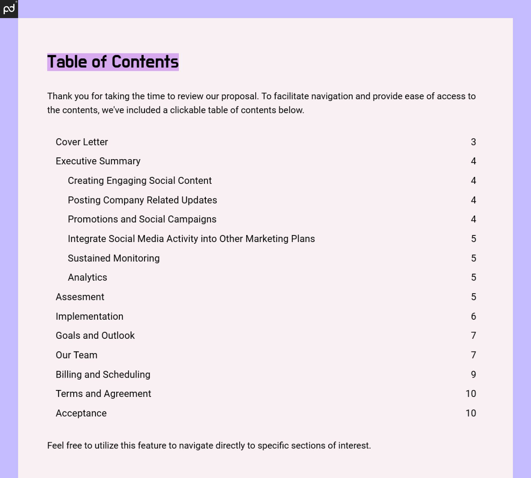 An image of a table of contents generated from document headers. Page numbers indicate where the page headings are located for easy navigation.