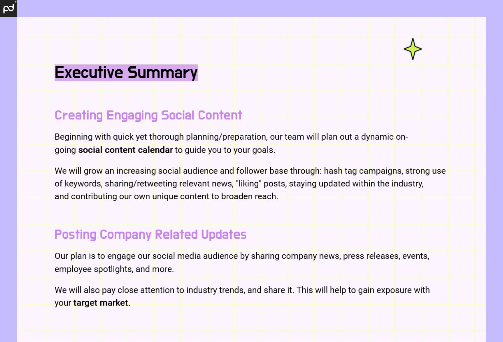 An image of an executive summary. Subheadings like “Create Engaging Social Content” and “Posting Company Related Updates” give high-level insight into the proposed solution.