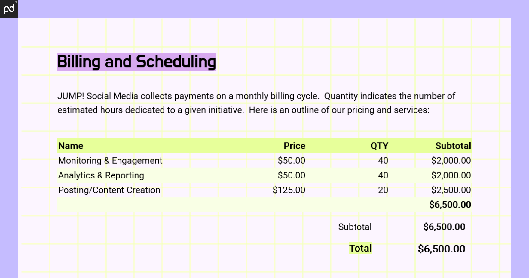 An image featuring a pricing table and a brief list of all proposed services. The table is broken down by price, quantity of work (hours), and subtotals.
