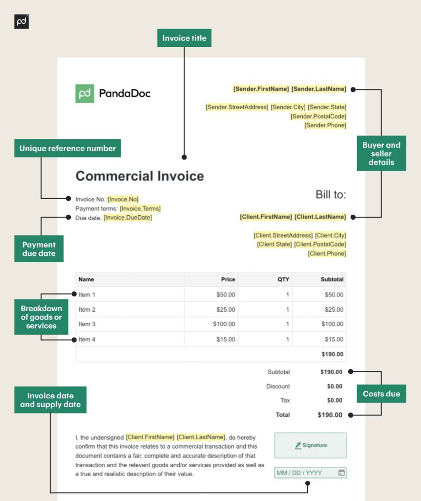 invoice example with named sections