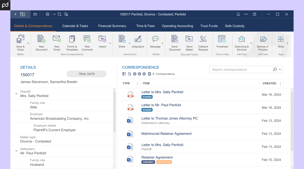 The Details and Correspondence window of LEAP’s dashboard