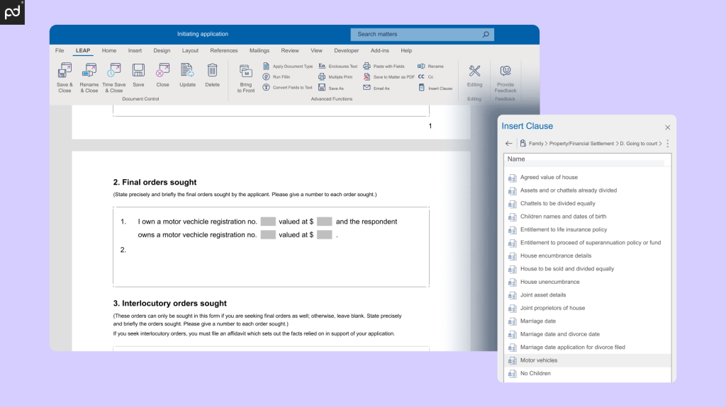 Image of a document in draft mode using LEAP’s Clause Library and drag-and-drop clauses to the right