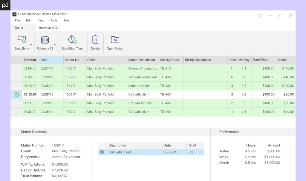 Image of an itemized timesheet of client charges using LEAP’s accounting and billing software