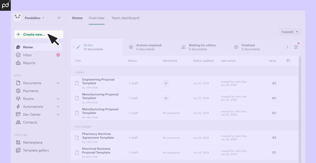 Screenshot showing where to click “Create new…” in the PandaDoc editor in order to begin working on a new doc
