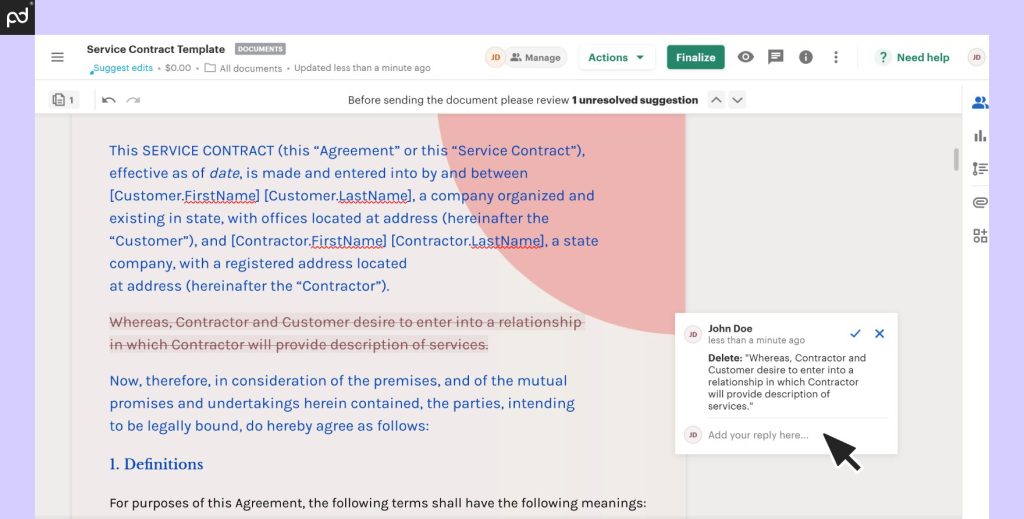 Example of an inline comment added to a pending document while using the PandaDoc editor
