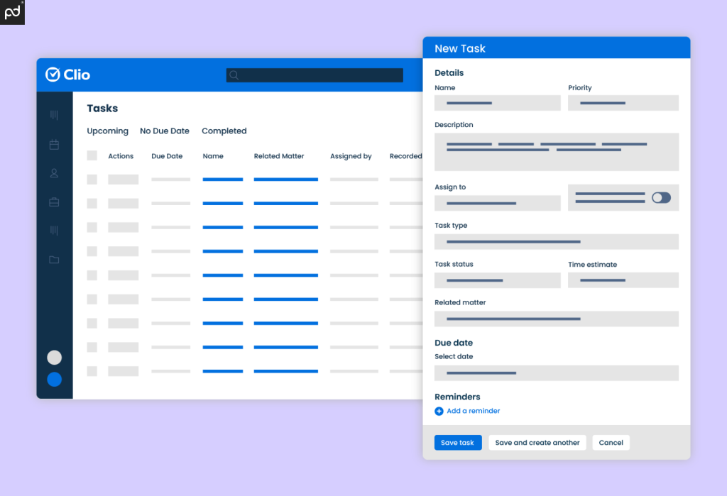 A screenshot of Clio’s task management dashboard on the left, a new task pop-up with fields on the right