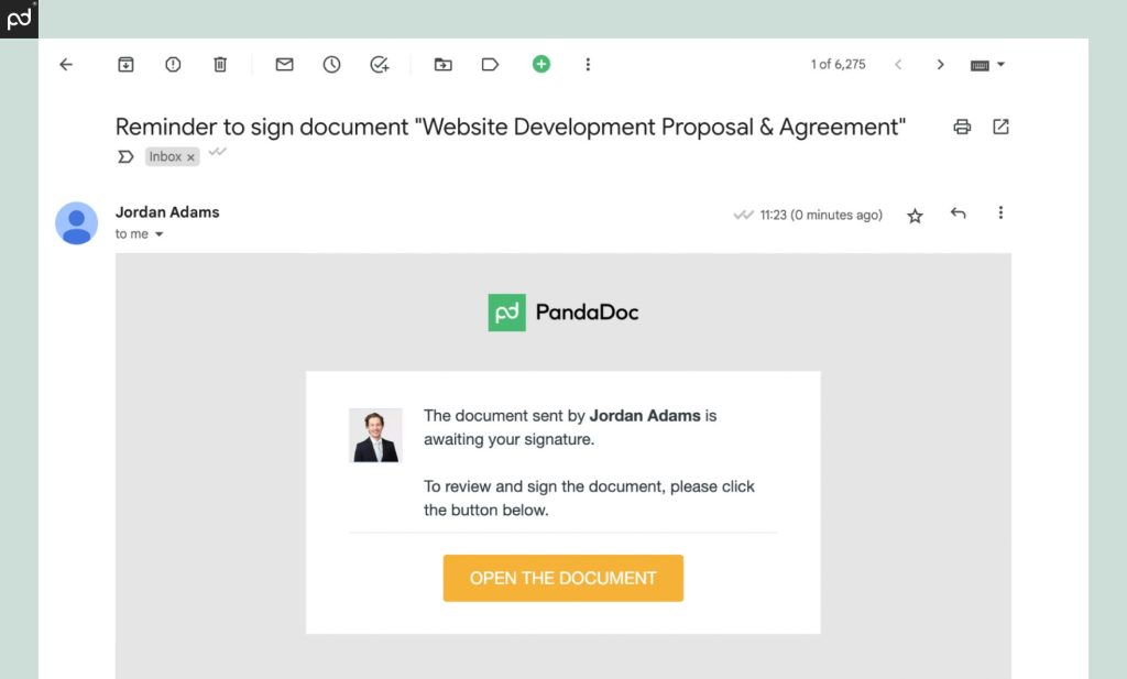 A Screenshot of an auto reminder sent via email through PandaDoc showcasing how it looks from the client side.