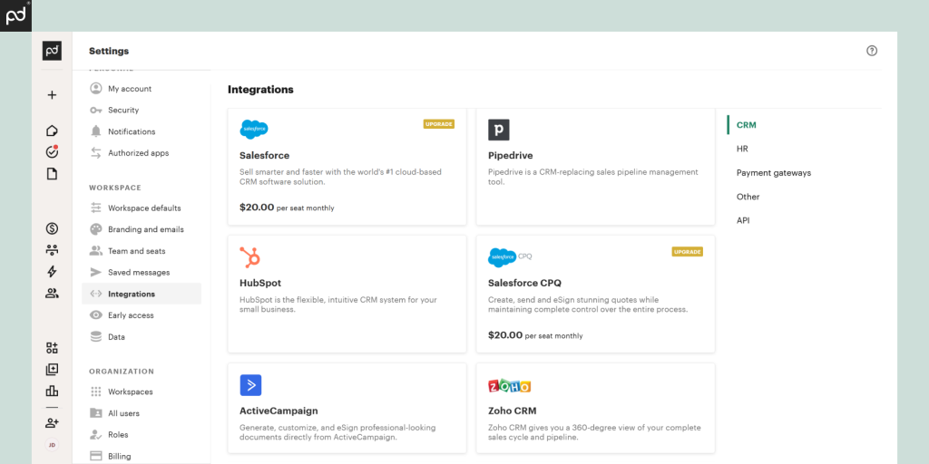 PandaDoc interface showing its CRM integration options including Salesforce, Pipedrive and HubSpot.
