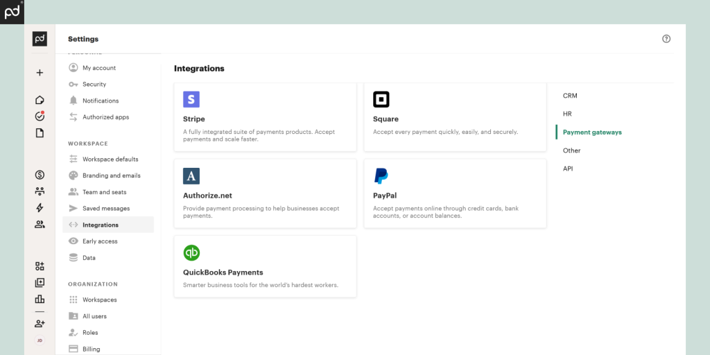 Screenshot of settings in the PandaDoc dashboard editor showing payment gateway integrations like Stripe, Square, PayPal, Authorize.net, and QuickBooks Payments.